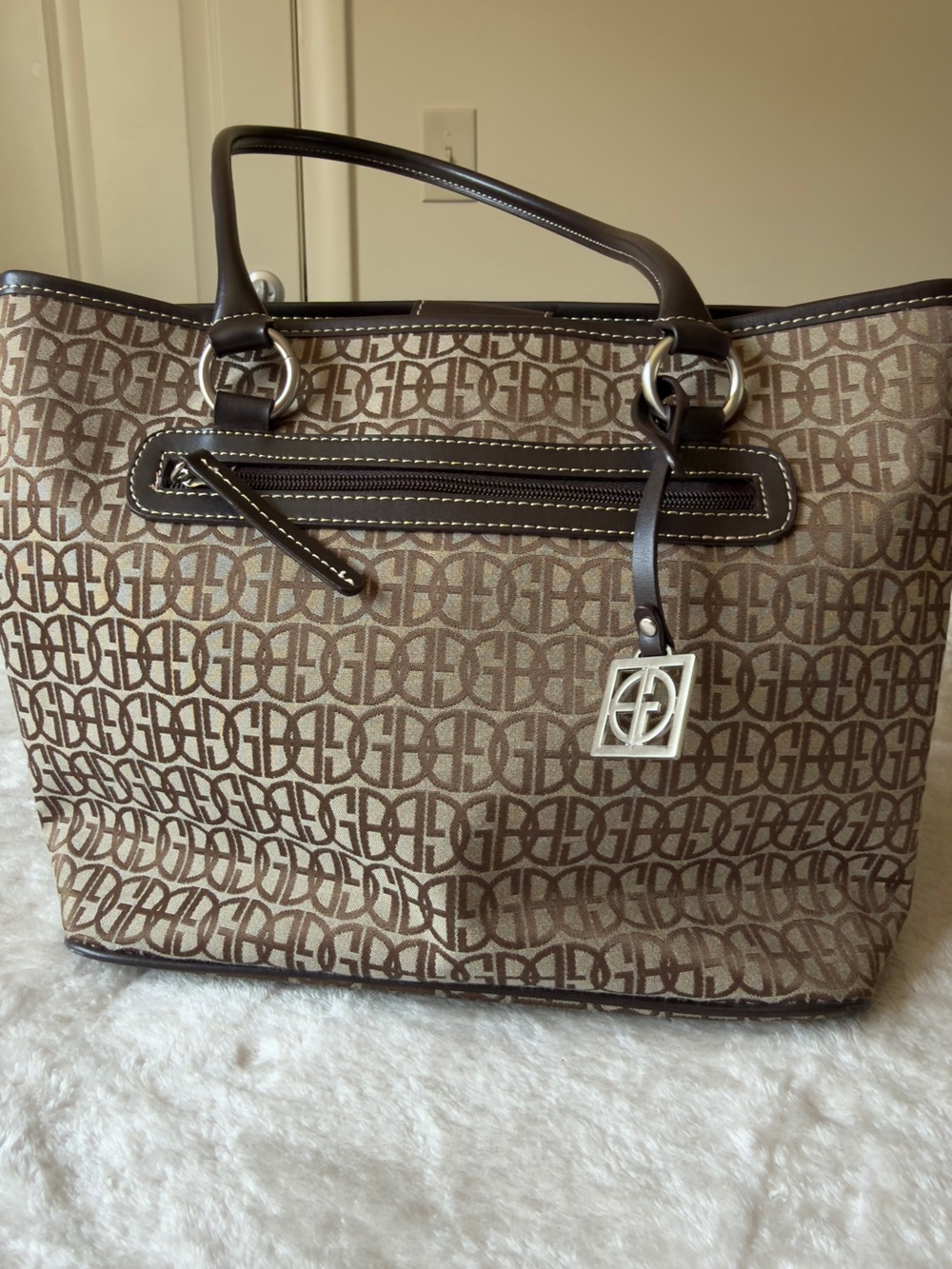 Giano Bernini Brown Monogram  Tote Bag with Leather Trim